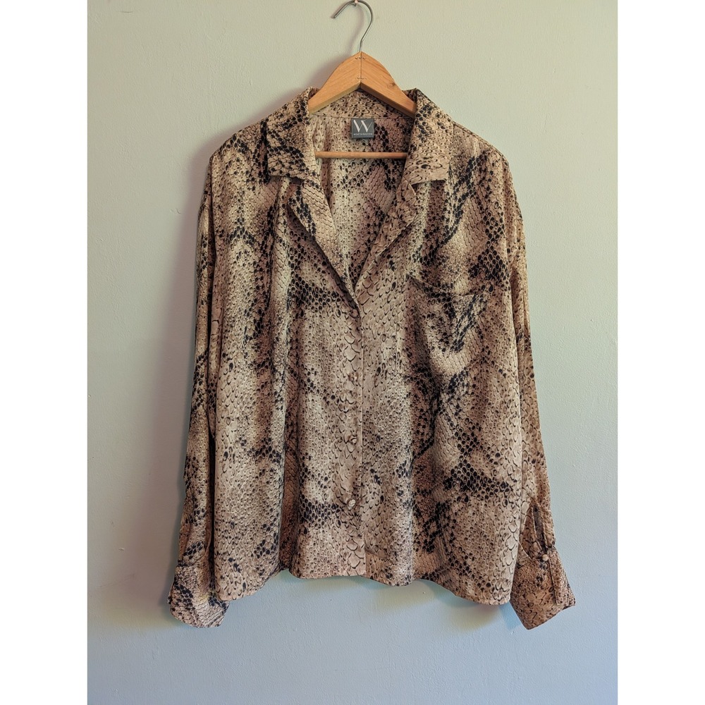 Worthington Snakeskin Print‎ Button Down Blouse Tan Black XL Animal Print Career